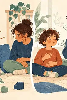 Caregiver calmly co-regulating with a child through frustration and reconnecting afterward