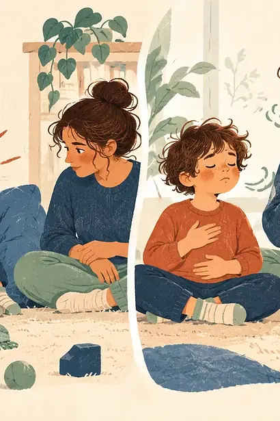 Caregiver calmly co-regulating with a child through frustration and reconnecting afterward