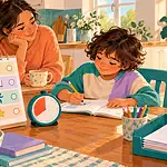 Child using a timer and short checklist for homework while a caregiver offers calm support