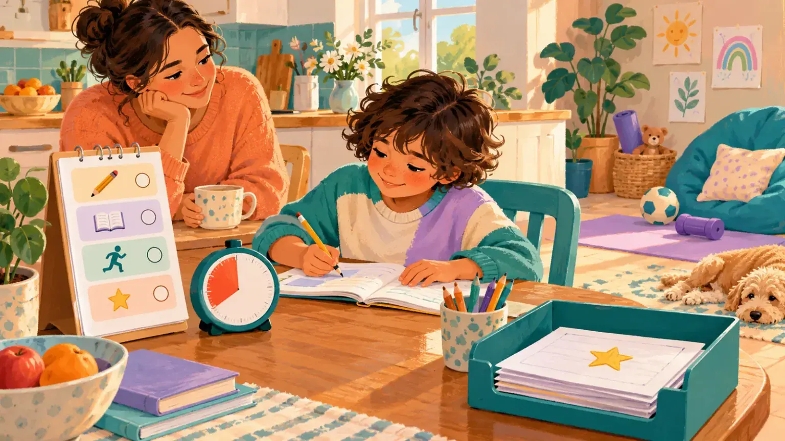 Child using a timer and short checklist for homework while a caregiver offers calm support