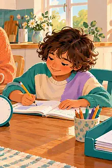 Child using a timer and short checklist for homework while a caregiver offers calm support