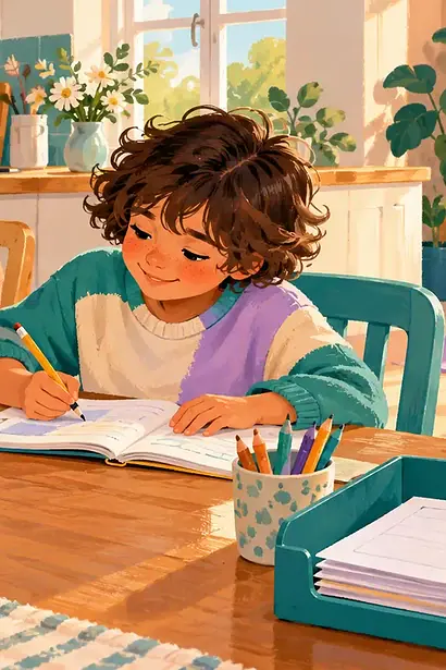 Child using a timer and short checklist for homework while a caregiver offers calm support