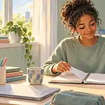 Teenager opening a revision notebook after placing a phone face down in a tray