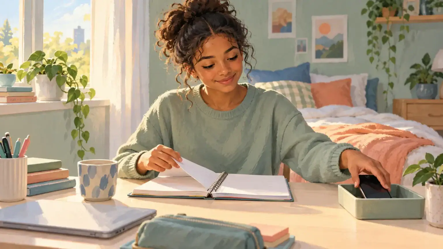Teenager opening a revision notebook after placing a phone face down in a tray
