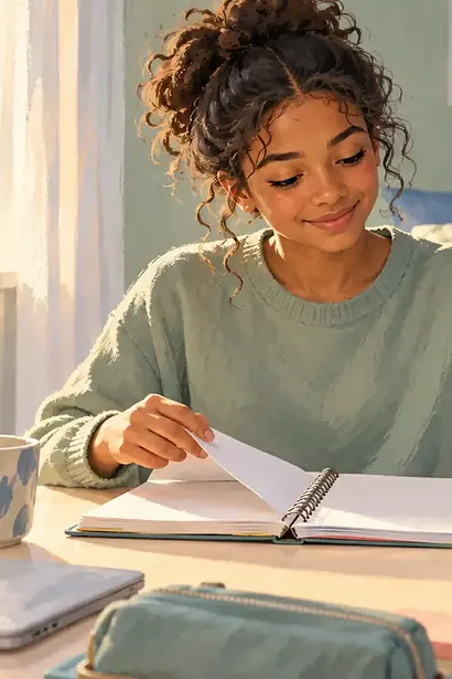 Teenager opening a revision notebook after placing a phone face down in a tray