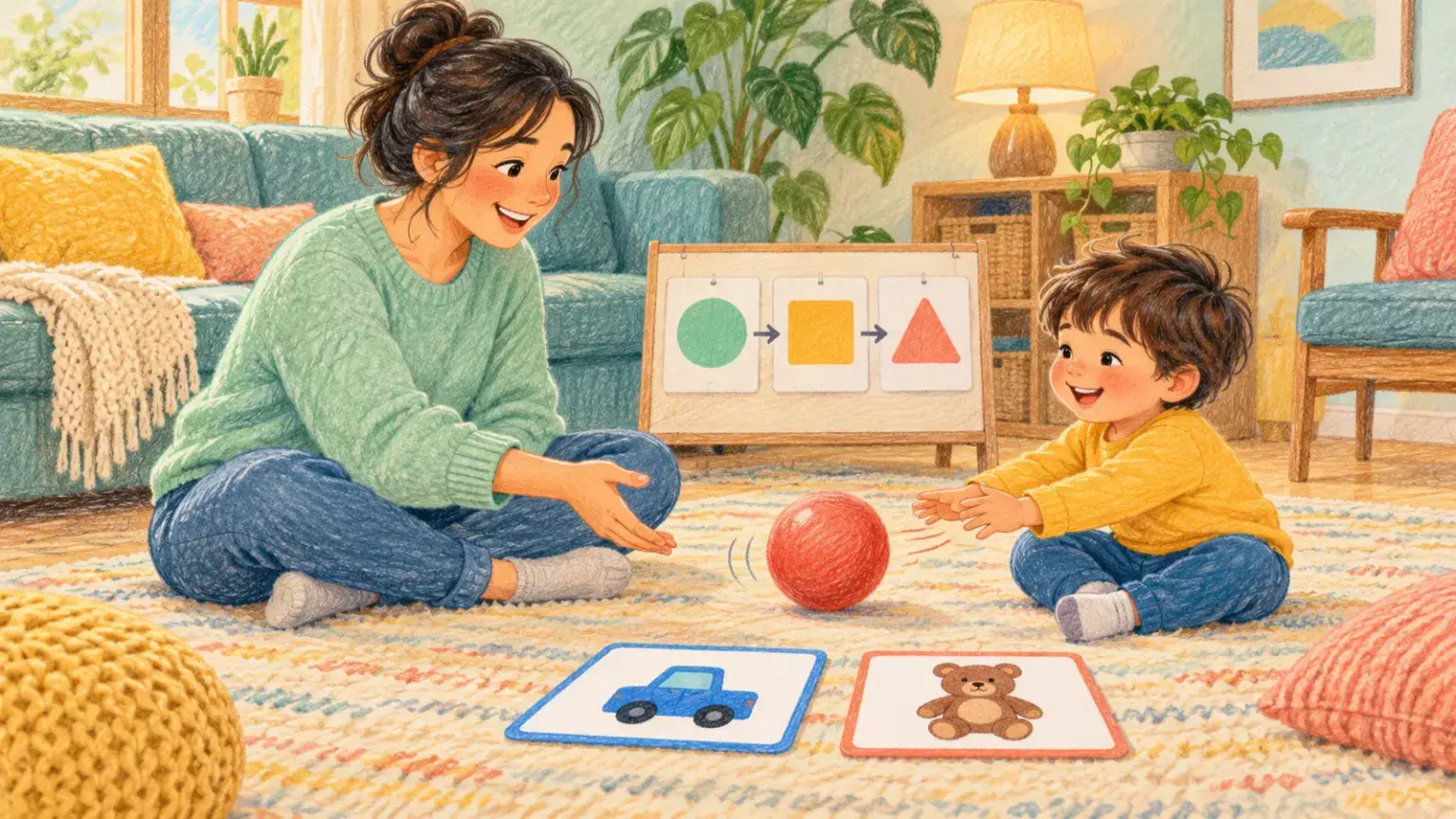 Caregiver and young child taking turns rolling a ball during an everyday play routine