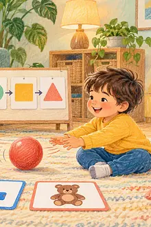 Caregiver and young child taking turns rolling a ball during an everyday play routine