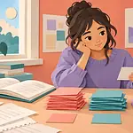 Student sorting blank cards into colored piles while reviewing practice work