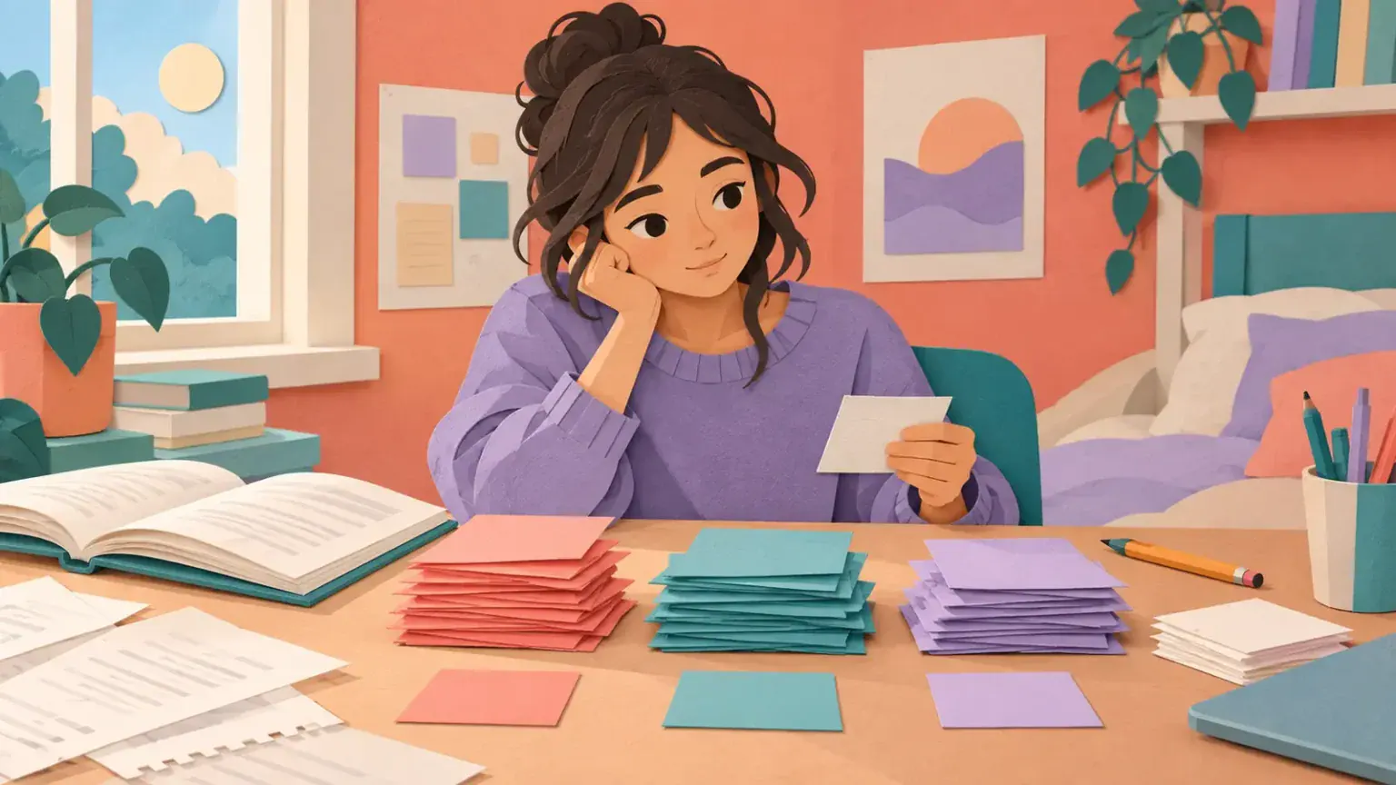 Student sorting blank cards into colored piles while reviewing practice work