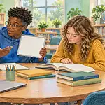 Three teenagers using blank cards and a small whiteboard in a focused library study group