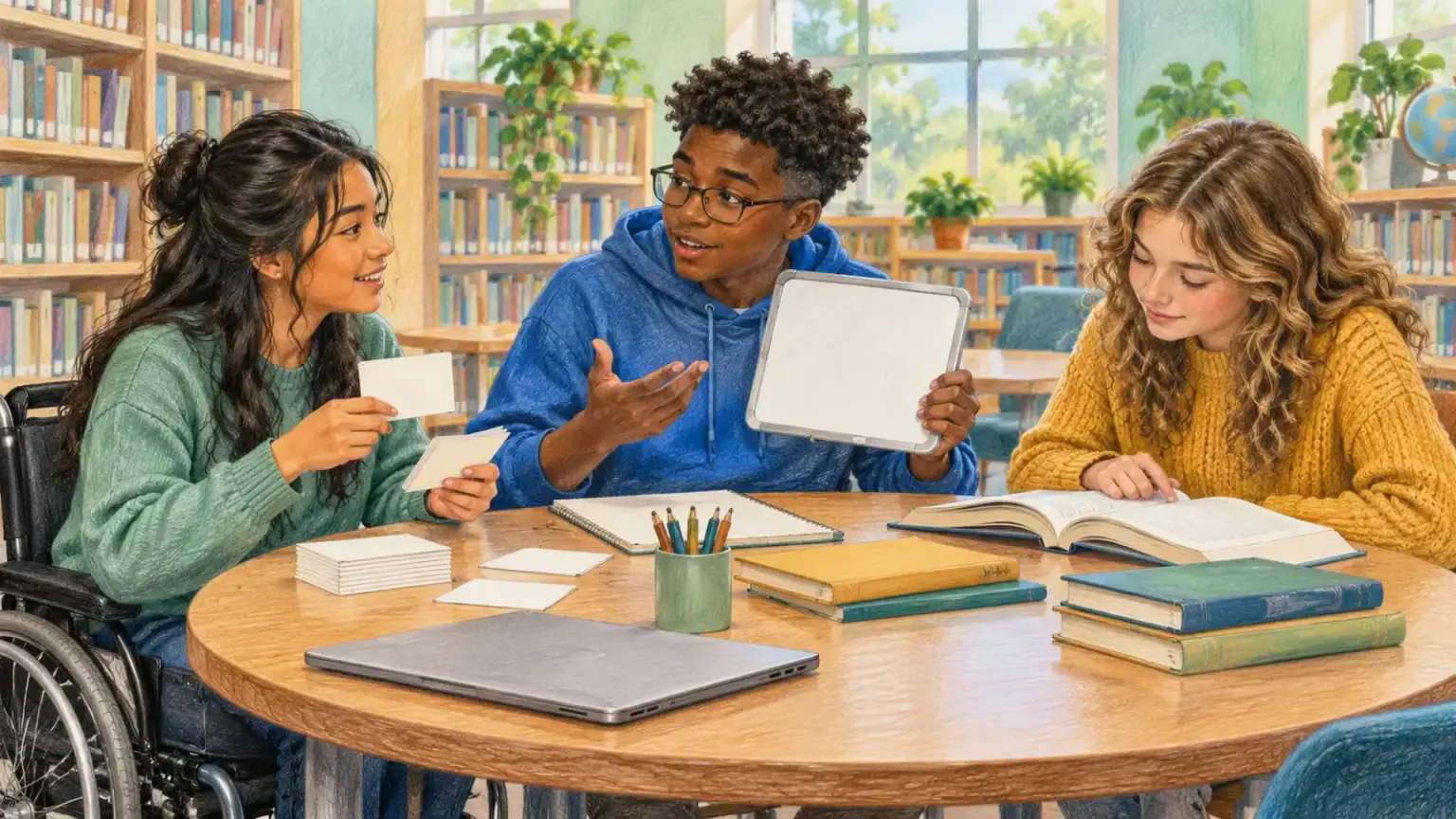 Three teenagers using blank cards and a small whiteboard in a focused library study group