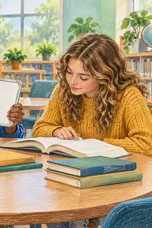 Three teenagers using blank cards and a small whiteboard in a focused library study group