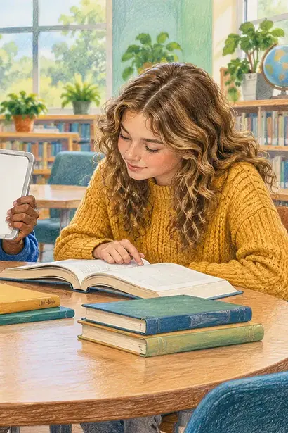 Three teenagers using blank cards and a small whiteboard in a focused library study group