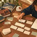 Teenager arranging blank idea cards into an argument plan beside an open notebook