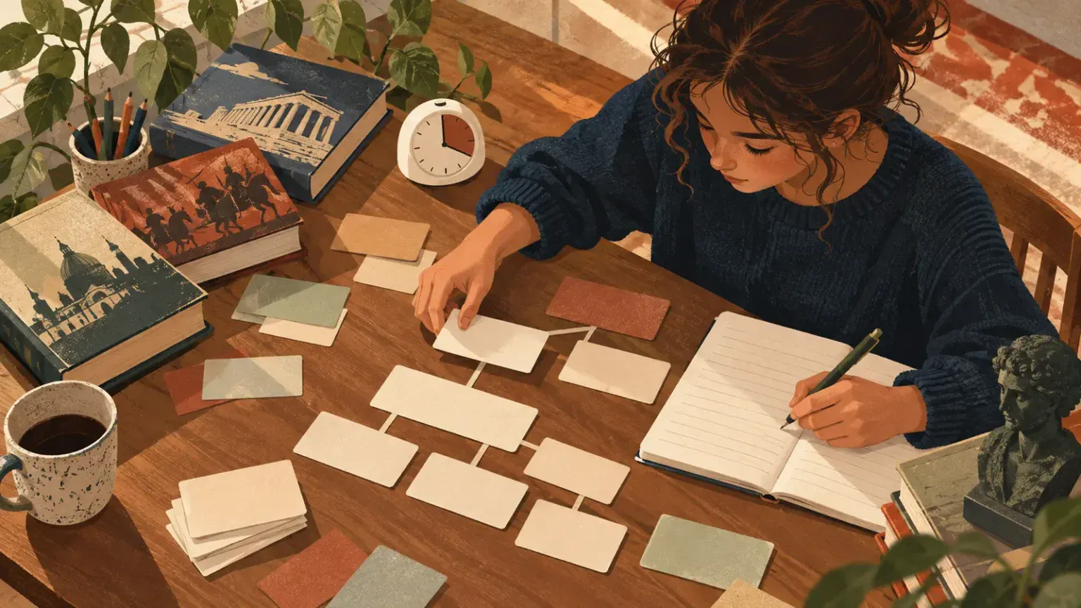 Teenager arranging blank idea cards into an argument plan beside an open notebook