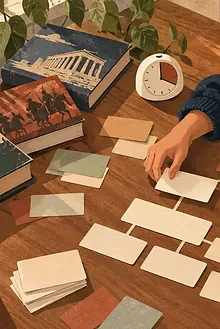 Teenager arranging blank idea cards into an argument plan beside an open notebook