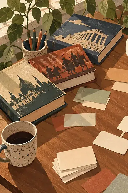 Teenager arranging blank idea cards into an argument plan beside an open notebook