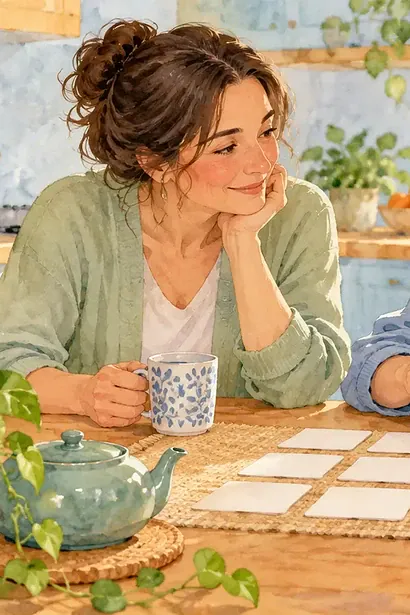 Teenager choosing blank revision cards while a caregiver follows calmly at a kitchen table