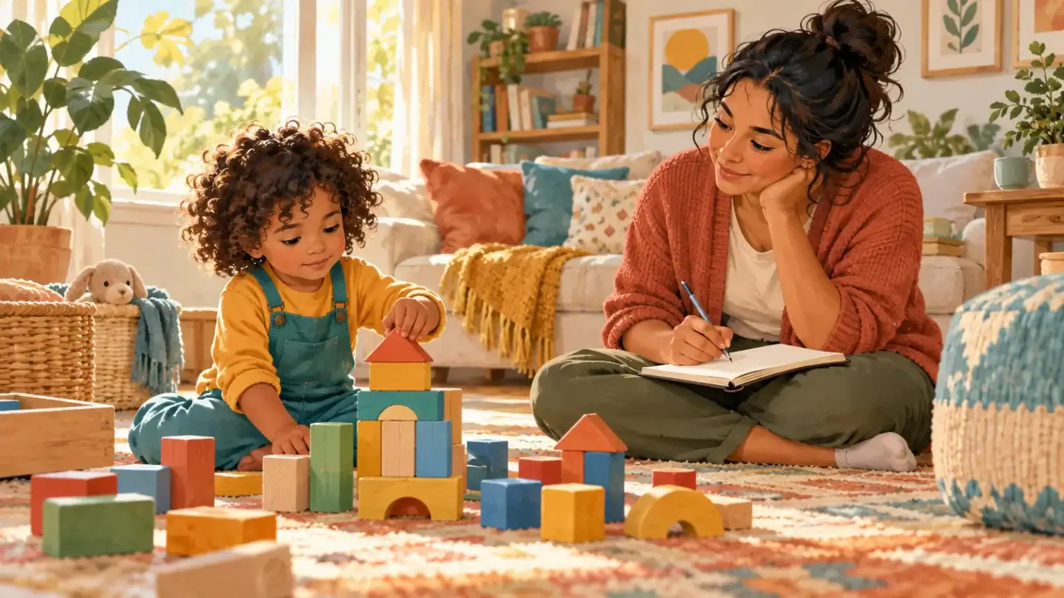 Caregiver taking notes while a preschool child builds a colorful block structure