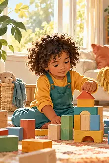 Caregiver taking notes while a preschool child builds a colorful block structure