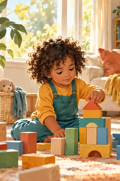 Caregiver taking notes while a preschool child builds a colorful block structure