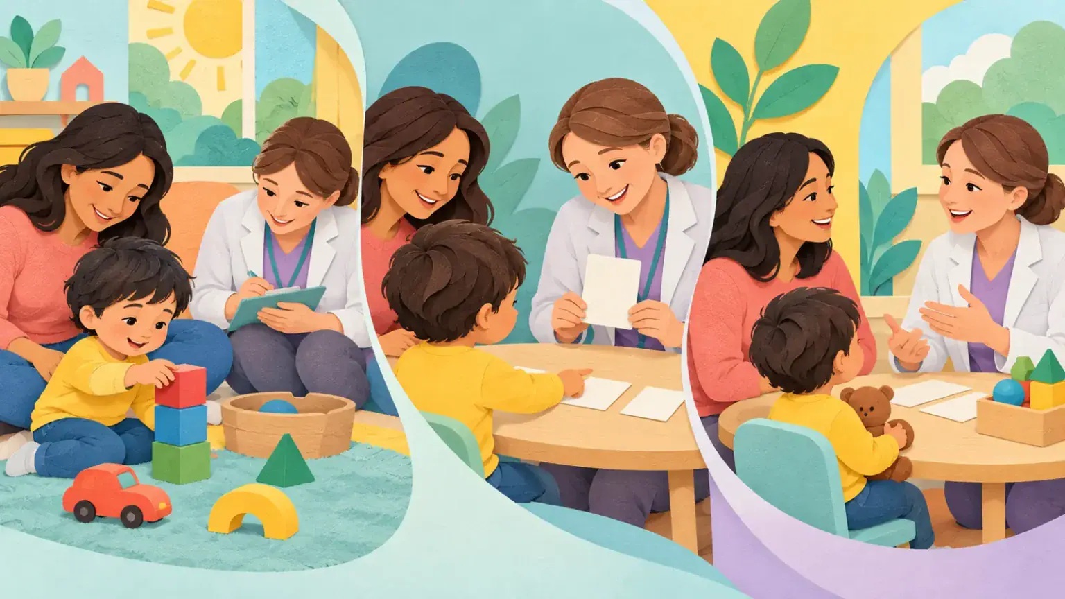Child, caregiver and clinician shown across play observation, screening activity and discussion
