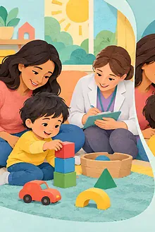 Child, caregiver and clinician shown across play observation, screening activity and discussion