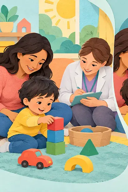 Child, caregiver and clinician shown across play observation, screening activity and discussion