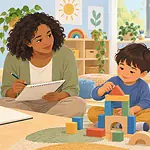 Caregiver and early-years educator comparing notes while a child builds with blocks