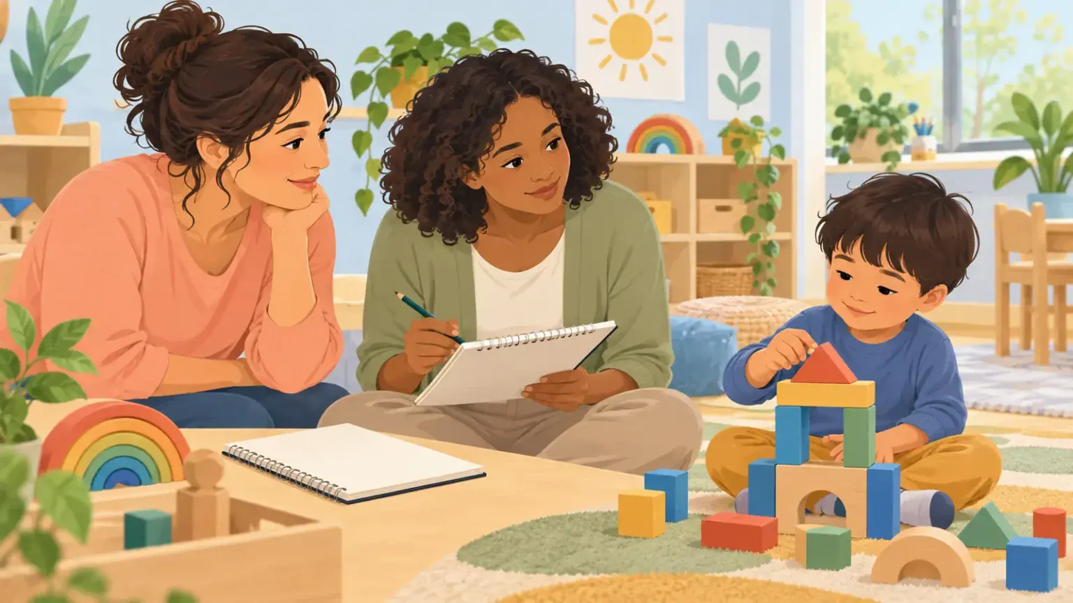 Caregiver and early-years educator comparing notes while a child builds with blocks