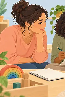 Caregiver and early-years educator comparing notes while a child builds with blocks