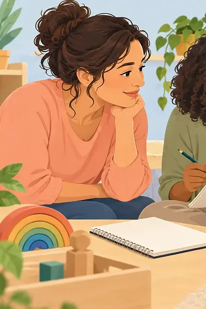 Caregiver and early-years educator comparing notes while a child builds with blocks
