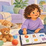 Autistic child and caregiver communicating with a tablet and picture symbols during play