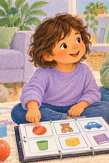 Autistic child and caregiver communicating with a tablet and picture symbols during play