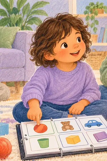 Autistic child and caregiver communicating with a tablet and picture symbols during play