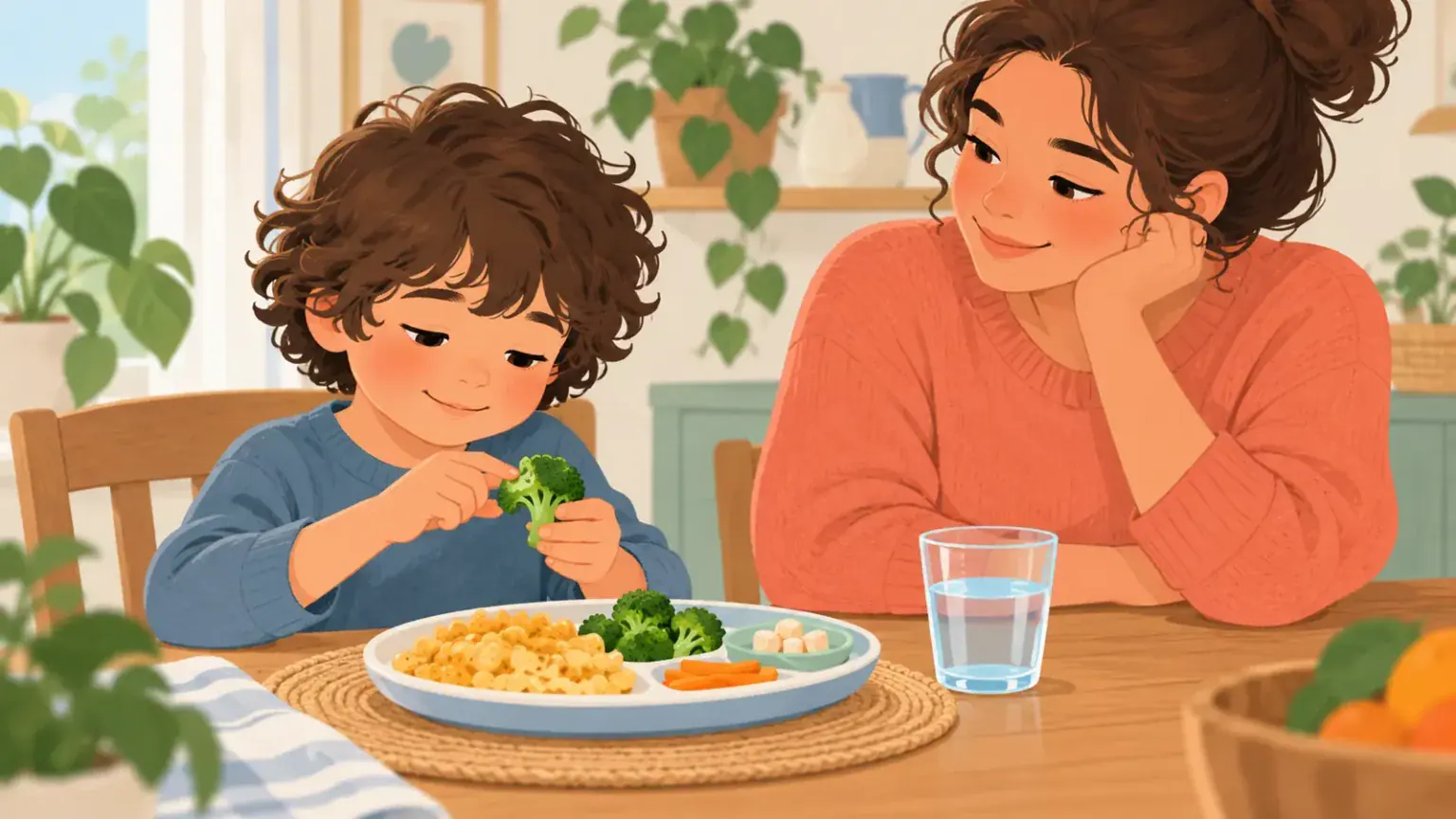 Autistic child exploring familiar and new foods with a caregiver at a calm family table
