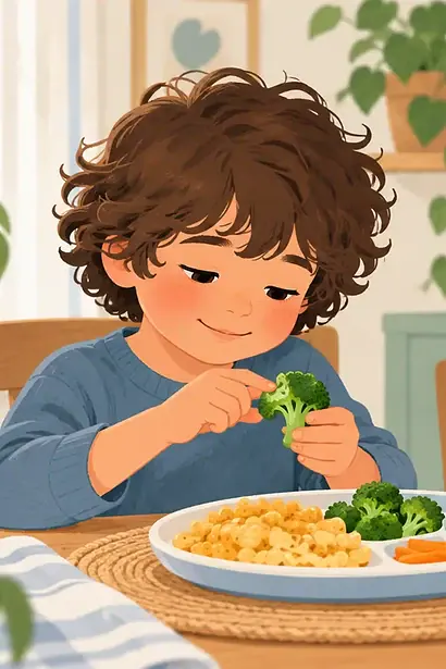 Autistic child exploring familiar and new foods with a caregiver at a calm family table