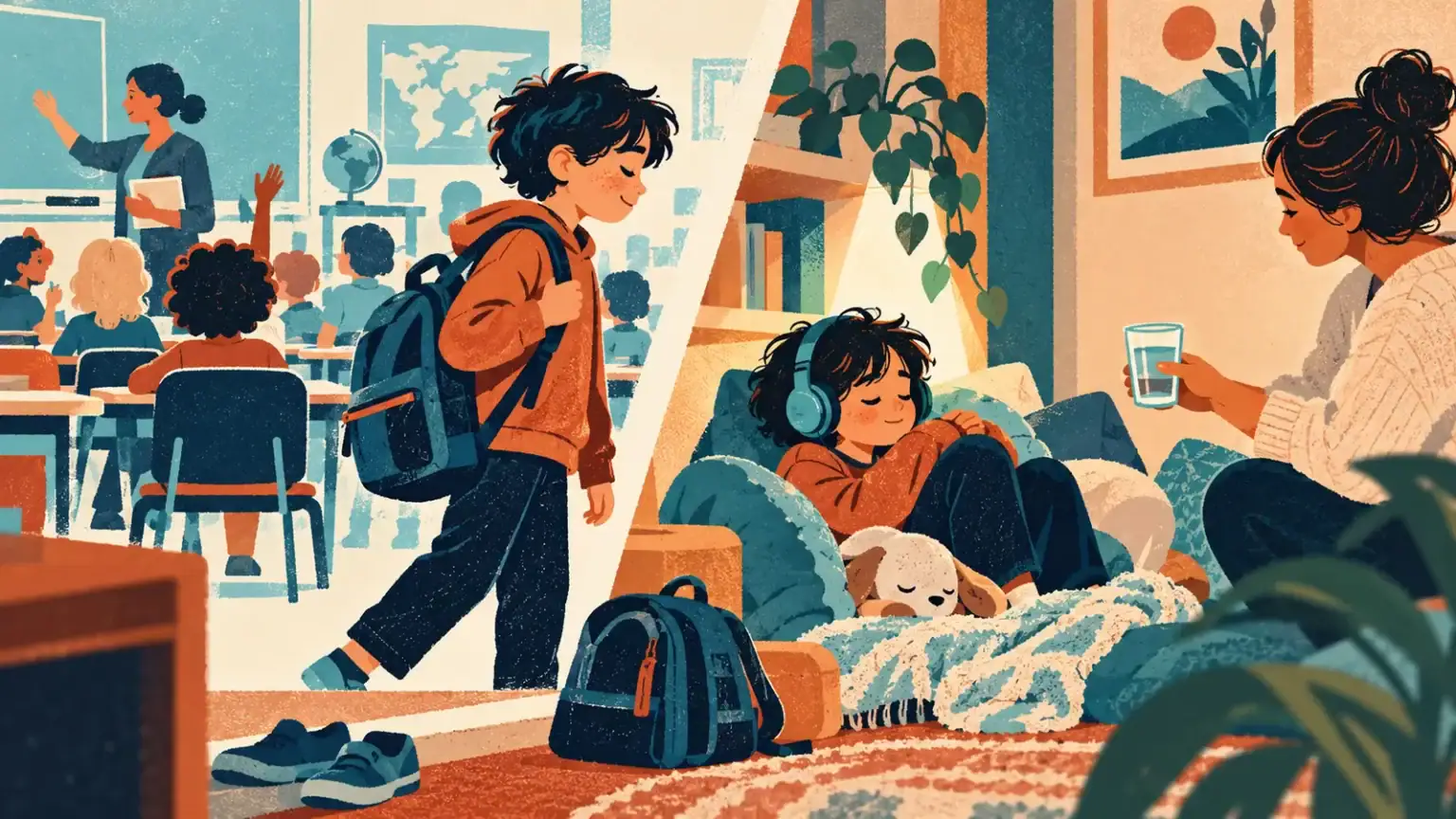 Autistic child resting quietly at home after a demanding school day while a caregiver stays nearby