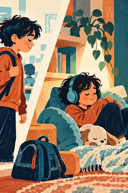 Autistic child resting quietly at home after a demanding school day while a caregiver stays nearby