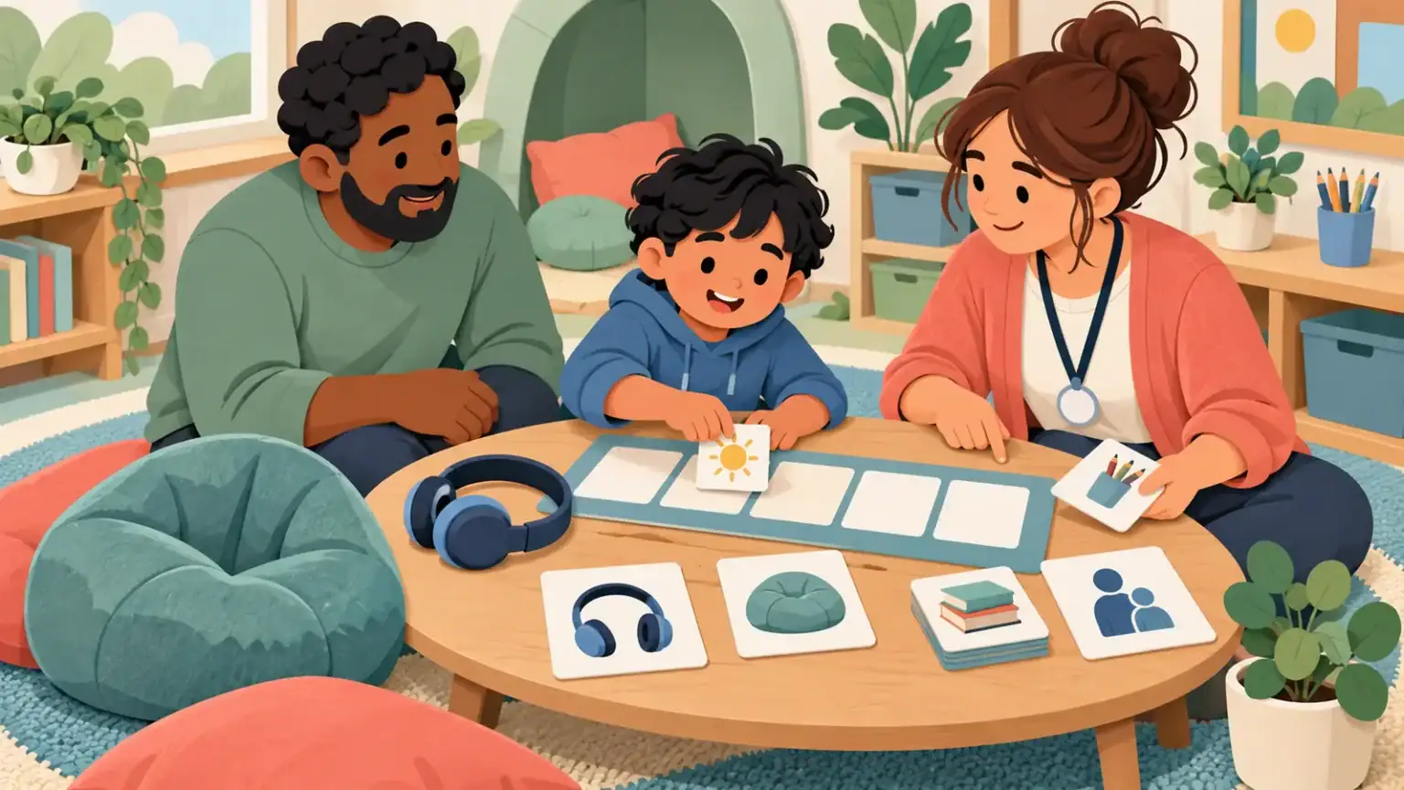 Autistic pupil, parent and teacher making a visual school support plan together