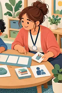 Autistic pupil, parent and teacher making a visual school support plan together