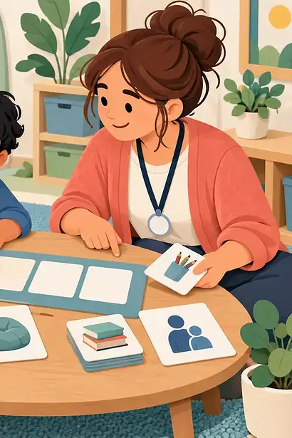 Autistic pupil, parent and teacher making a visual school support plan together