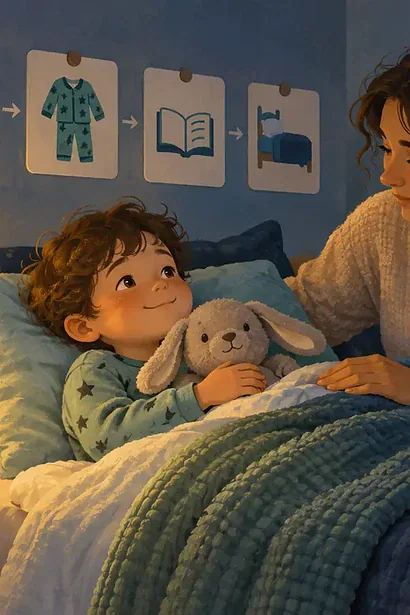 Caregiver quietly helping an autistic child follow a calm bedtime routine in a softly lit bedroom