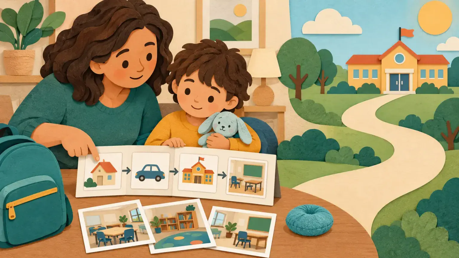 Parent and autistic child using a simple visual plan to prepare for a change in routine