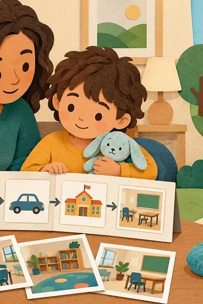 Parent and autistic child using a simple visual plan to prepare for a change in routine