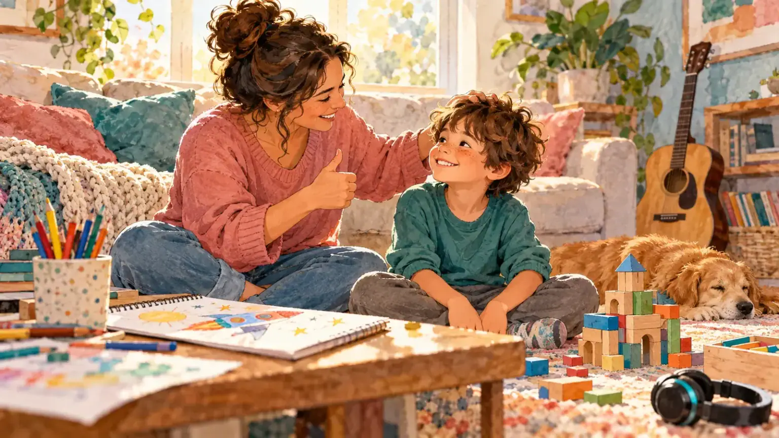 Caregiver giving warm specific feedback to a child with ADHD after one manageable success