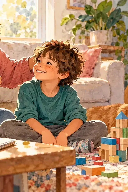 Caregiver giving warm specific feedback to a child with ADHD after one manageable success