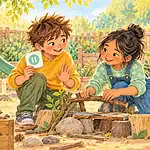 Two children building together outdoors while a caregiver observes supportively from a distance