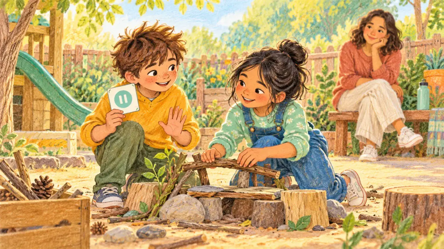 Two children building together outdoors while a caregiver observes supportively from a distance