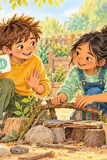 Two children building together outdoors while a caregiver observes supportively from a distance